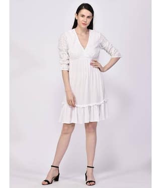 NUEVOSDAMAS Women Cotton A-line Dress ( White )