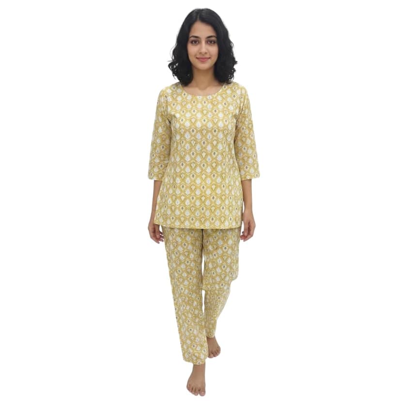 Mom and Me Women's Cotton Printed Co-ord Set, 3/4 Sleeve Kurta with Pyjama, Round Neck Nightwear, Available in Grey, Yellow, Green, Pink (Light Yellow, L)