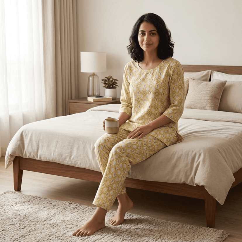 Mom and Me Women's Cotton Printed Co-ord Set, 3/4 Sleeve Kurta with Pyjama, Round Neck Nightwear, Available in Grey, Yellow, Green, Pink (Light Yellow, L) view 3