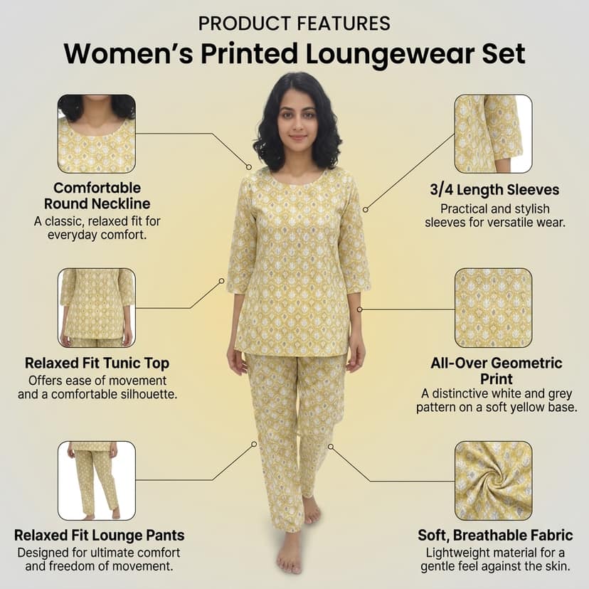 Mom and Me Women's Cotton Printed Co-ord Set, 3/4 Sleeve Kurta with Pyjama, Round Neck Nightwear, Available in Grey, Yellow, Green, Pink (Light Yellow, L) view 4
