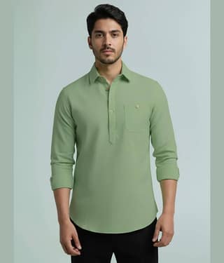 BHUVIKOO Cotton Blend Plain Shirt Style Kurta For Men ( Grey )