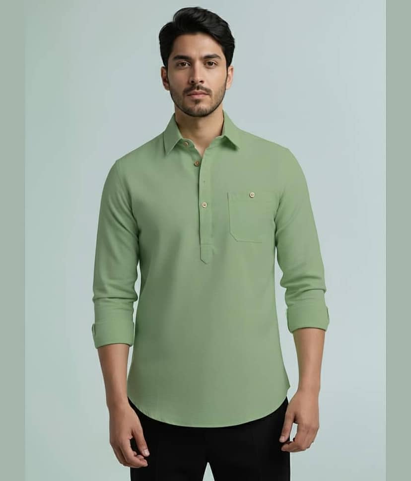 BHUVIKOO Cotton Blend Plain Shirt Style Kurta For Men ( Grey )