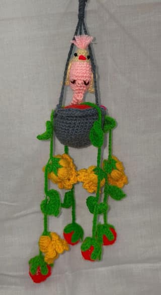 Wool Handmade Crochet Bird in a Basket with Hanging Flowers and Tomatoes
