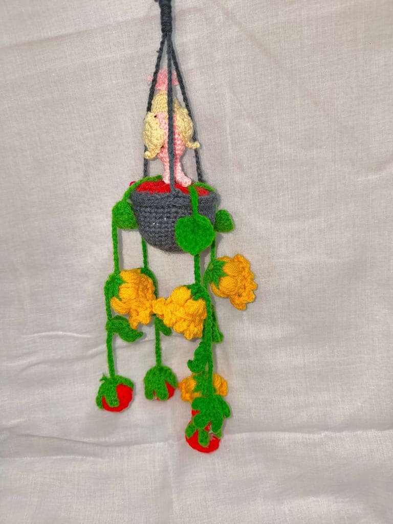 Wool Handmade Crochet Bird in a Basket with Hanging Flowers and Tomatoes view 2