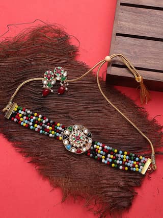 Cardinal Multicolor Stone Grey Color Onyx Multistring Gold Plated Brass Choker Necklace Set