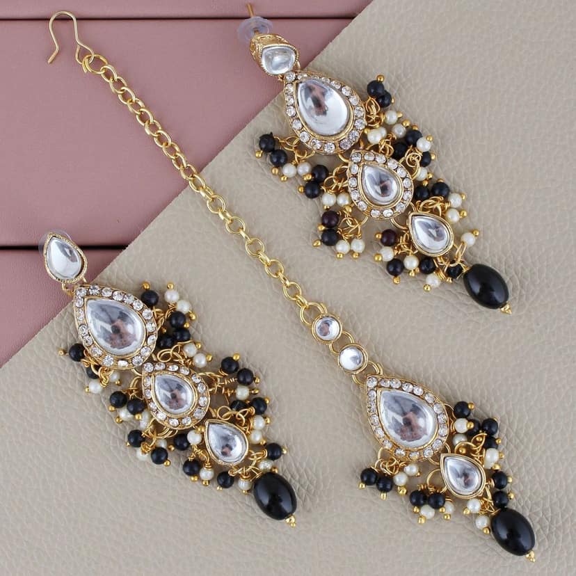 Lucky Jewellery Gold Plated White Black Color Tika Earring Necklace Combo Kundan Jewellery Set (726-MSK-3-LINE-BL) view 2