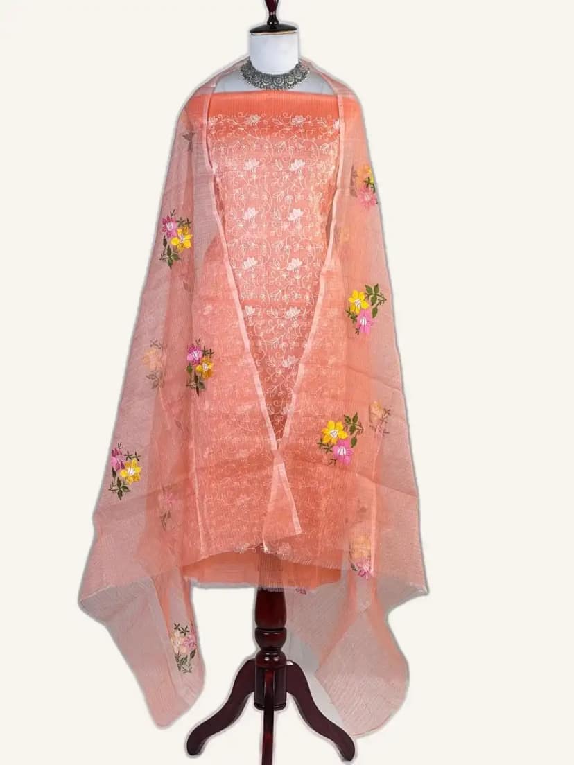 Kota Doria Dress Material Rust Orange Floral Jaal view 2