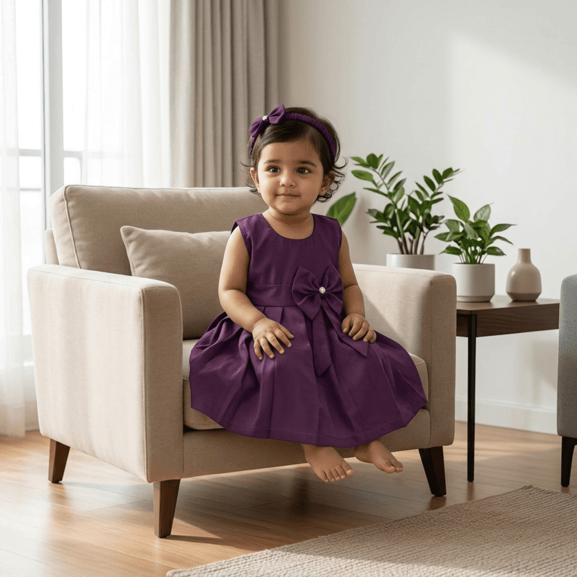 Mom and Me Girls Plain Colour Frock Dress with Flower & Matching Hair Belt | Sleeveless Crepe Fabric | Calf Length (in, Age, 6 Months, 12 Months, Wine) view 3