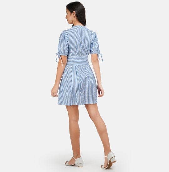 White & Blue Striped Cotton A-Line Dress view 3
