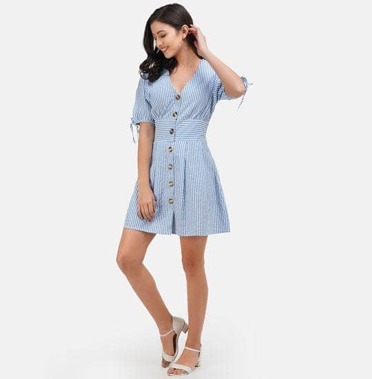 White & Blue Striped Cotton A-Line Dress view 5