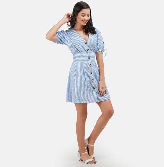 White & Blue Striped Cotton A-Line Dress view 6