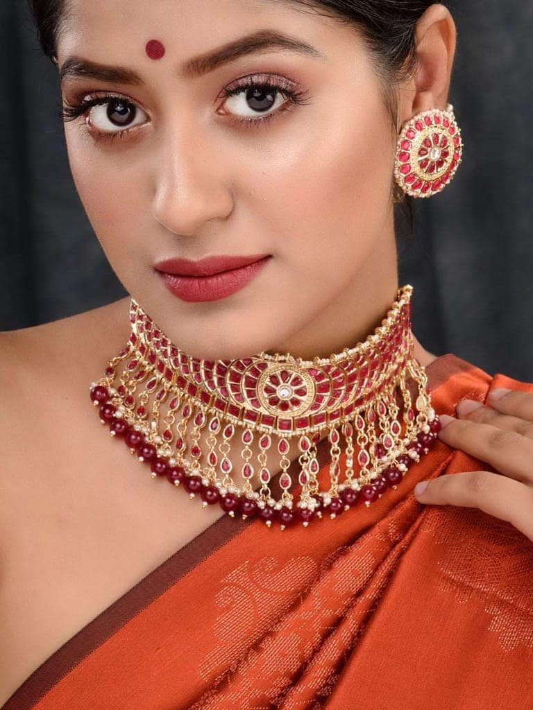 Gold Plated Red stone studded Pearl beaded Choker Jewellery set view 2