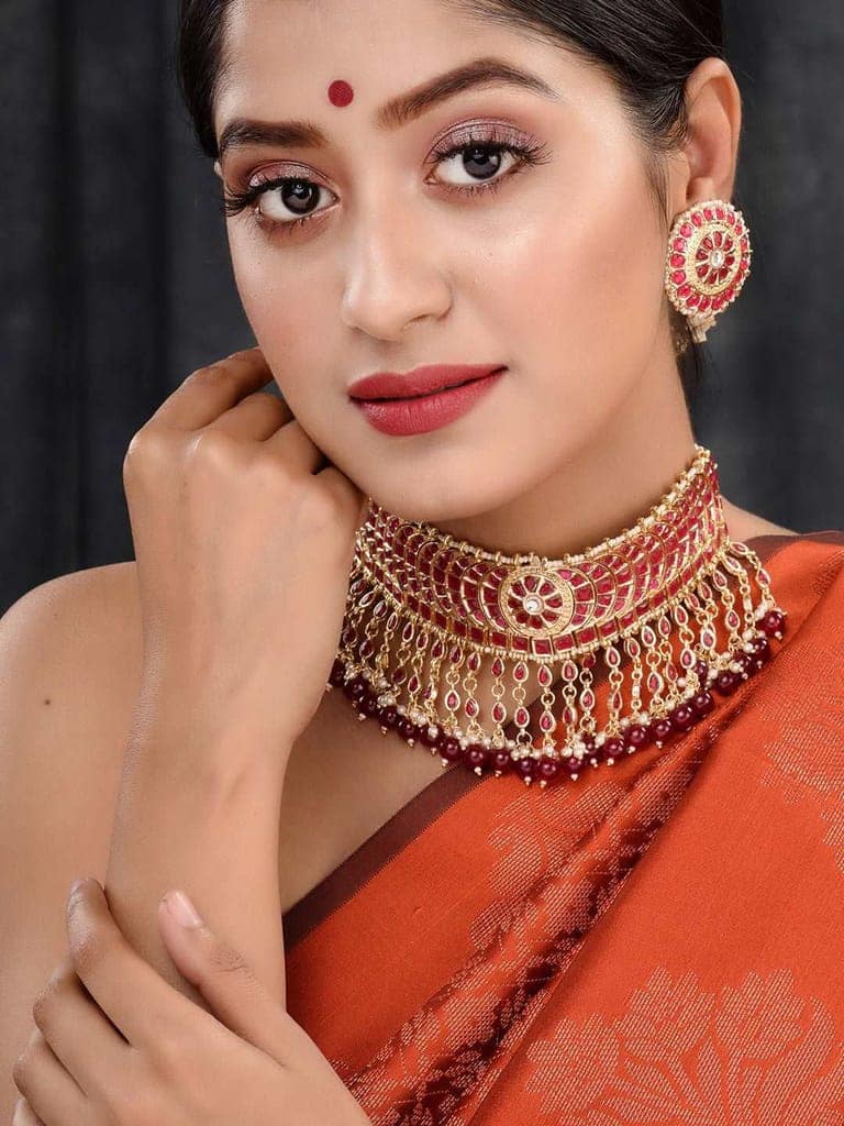 Gold Plated Red stone studded Pearl beaded Choker Jewellery set view 3