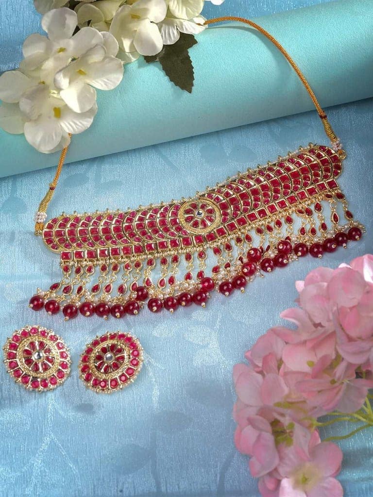 Gold Plated Red stone studded Pearl beaded Choker Jewellery set view 4
