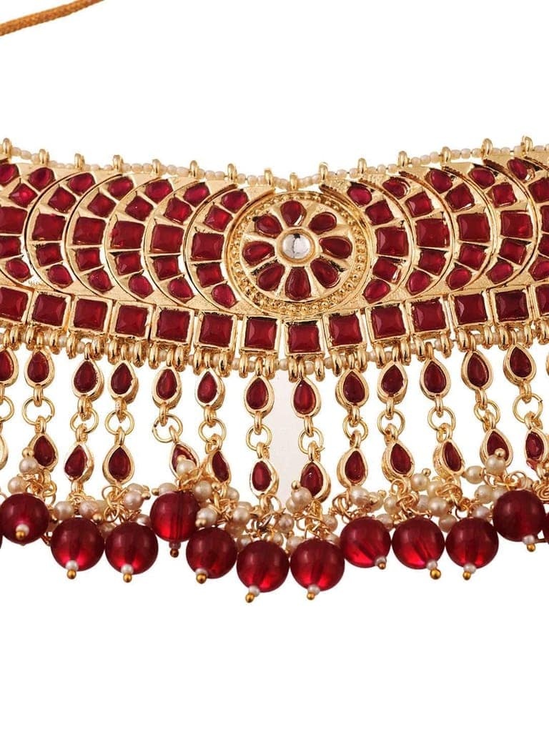 Gold Plated Red stone studded Pearl beaded Choker Jewellery set view 6