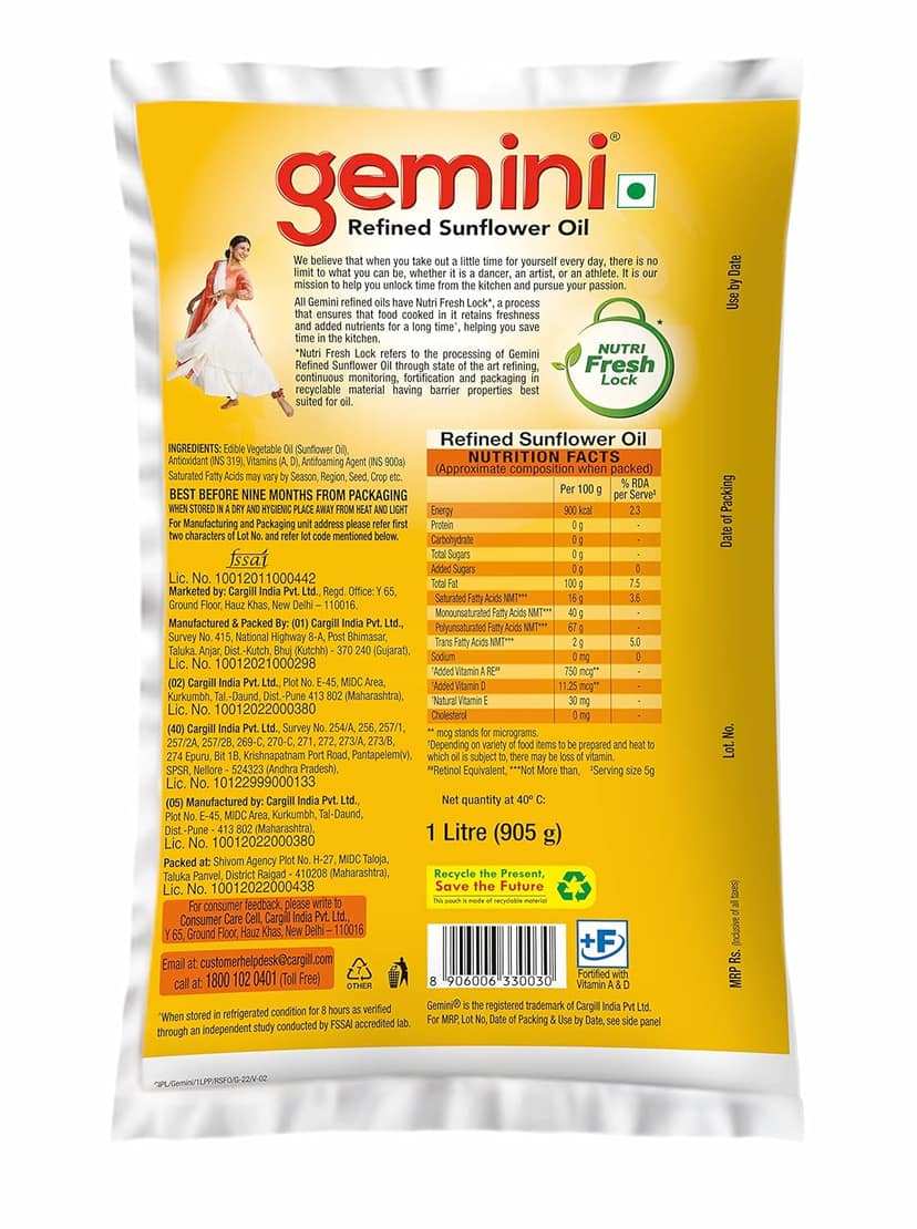 GEMINI REFINED SUNFLOWER OIL POUCH, 1L view 2