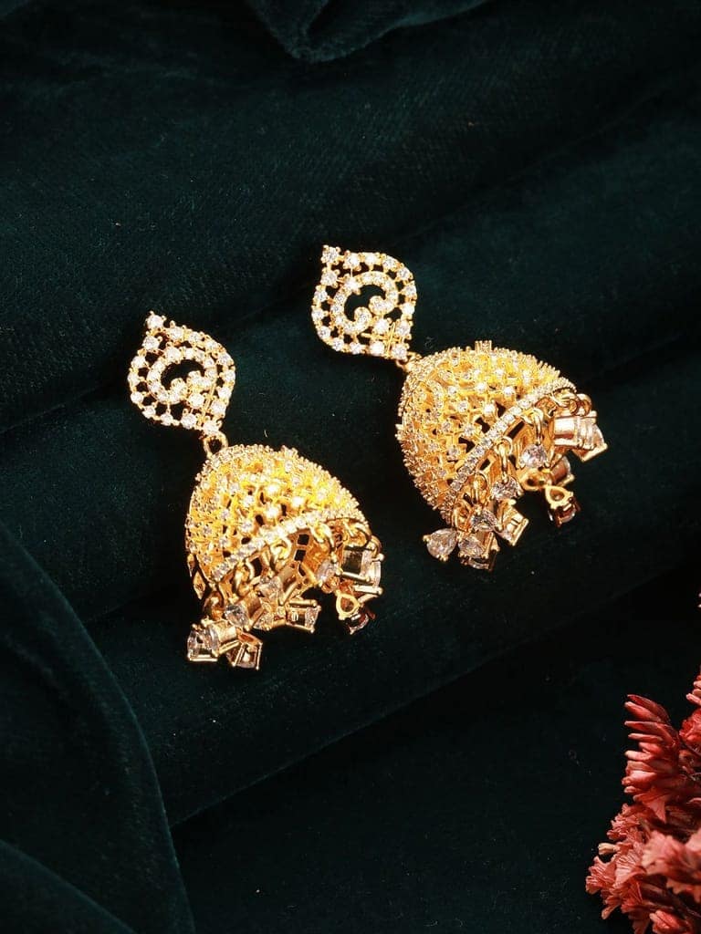 Gold Plated Cubic Zircon Studded Statement Jhumka Earrings view 3