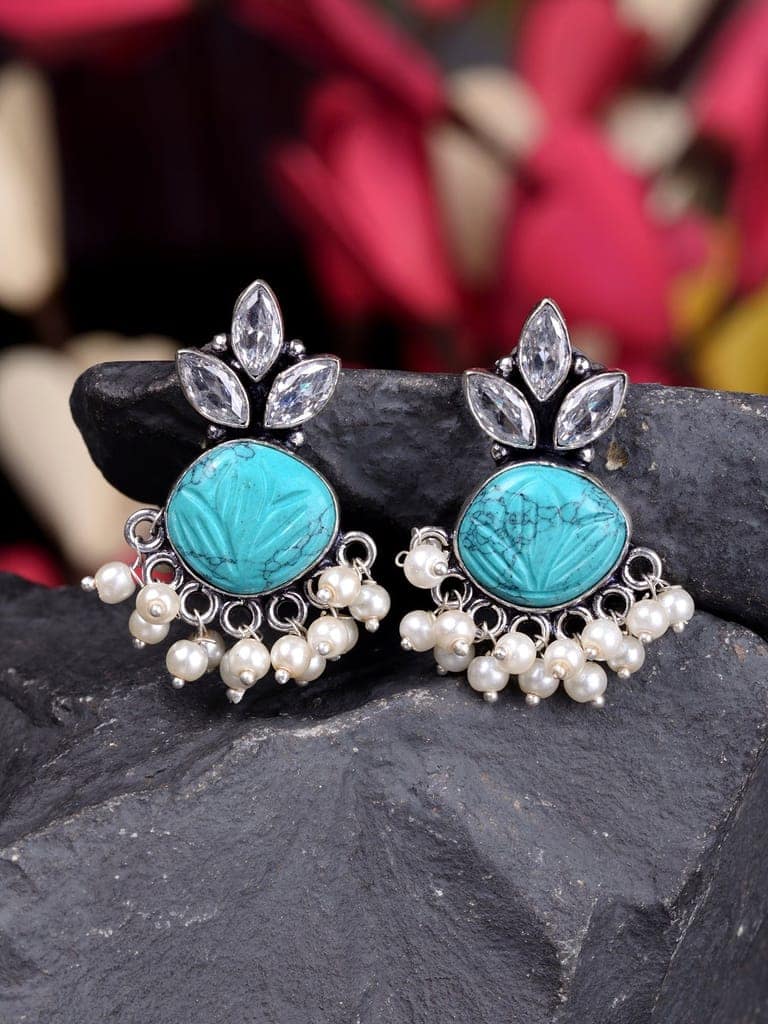 Oxidised Silver Toned Aqua Stone Studded Jhumka Earrings