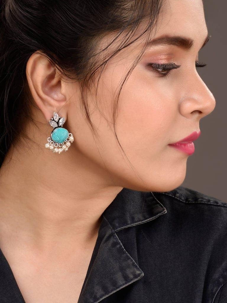 Oxidised Silver Toned Aqua Stone Studded Jhumka Earrings view 2