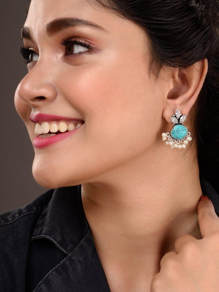 Oxidised Silver Toned Aqua Stone Studded Jhumka Earrings view 3