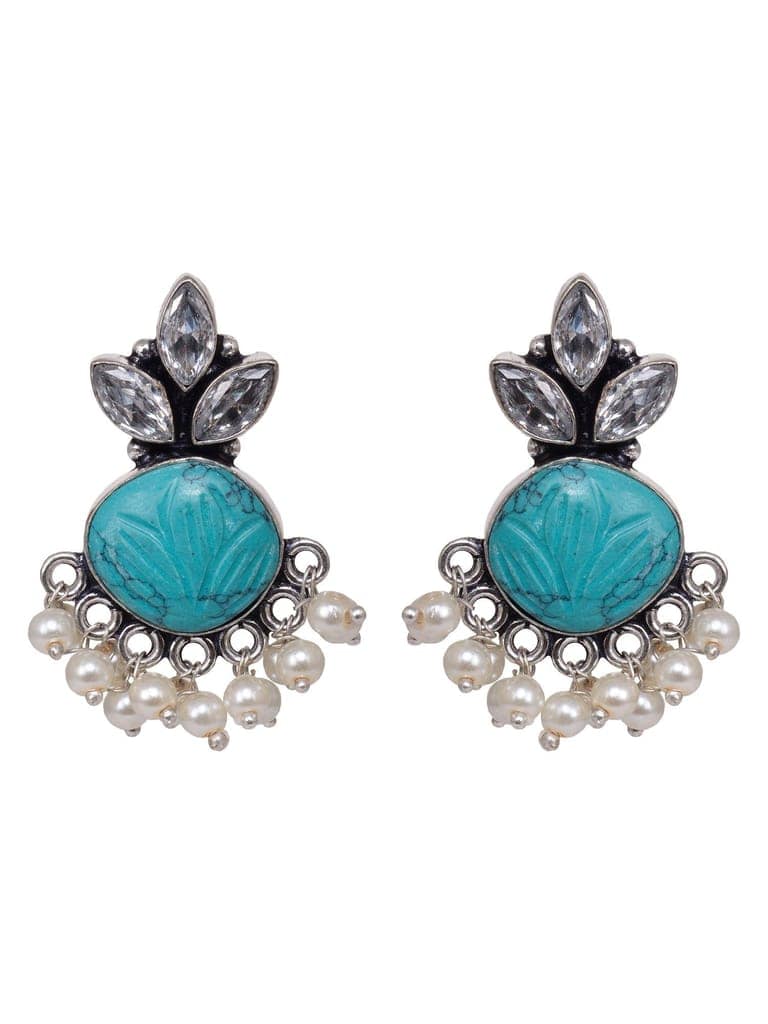 Oxidised Silver Toned Aqua Stone Studded Jhumka Earrings view 4