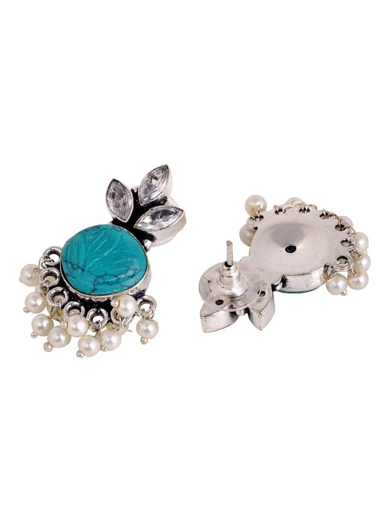Oxidised Silver Toned Aqua Stone Studded Jhumka Earrings view 5