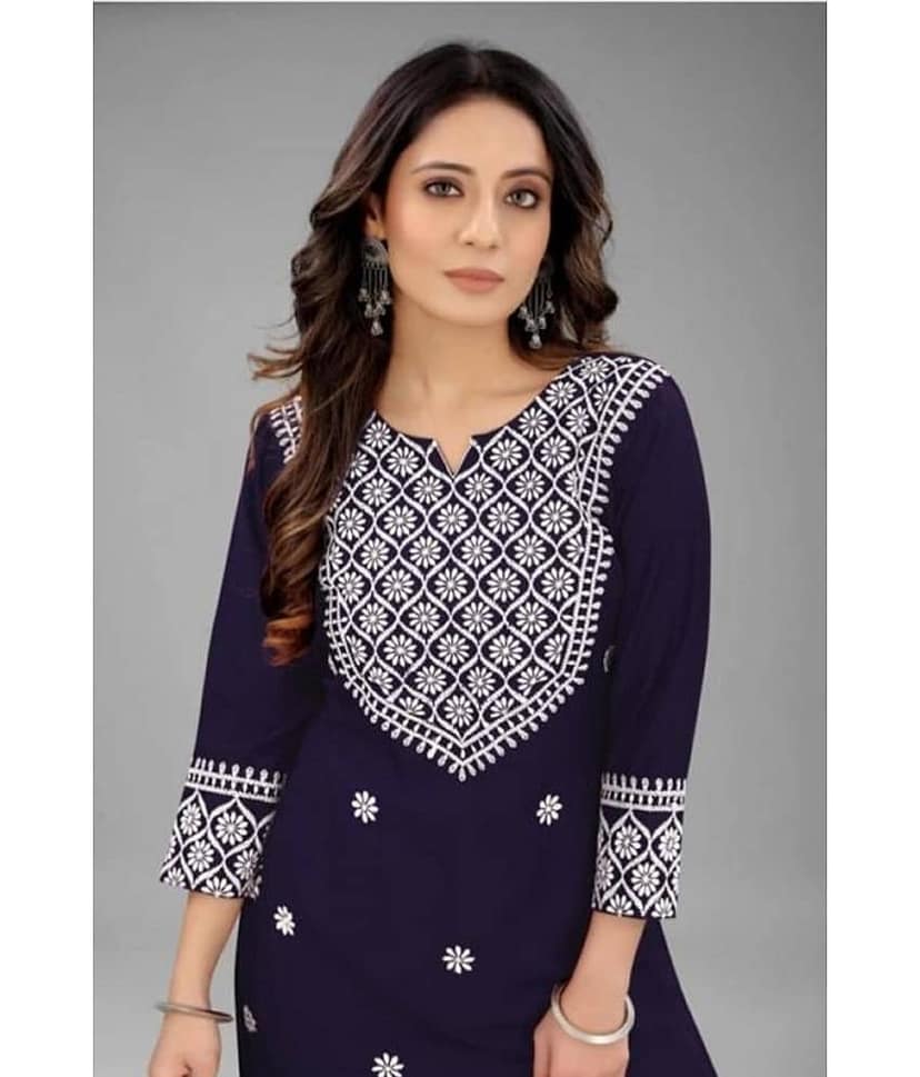 QPEEZ - Blue Rayon Women's Straight Kurti ( Pack of 1 ) view 2