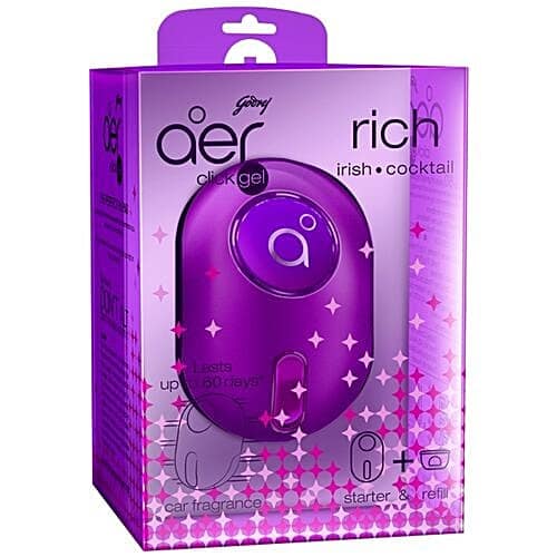 Godrej Aer Car Vent Air Freshener Kit - Click Gel, Rich Irish Cocktail, Spill Proof, Lasts 60 Days, 10 g (Starter + Refill)