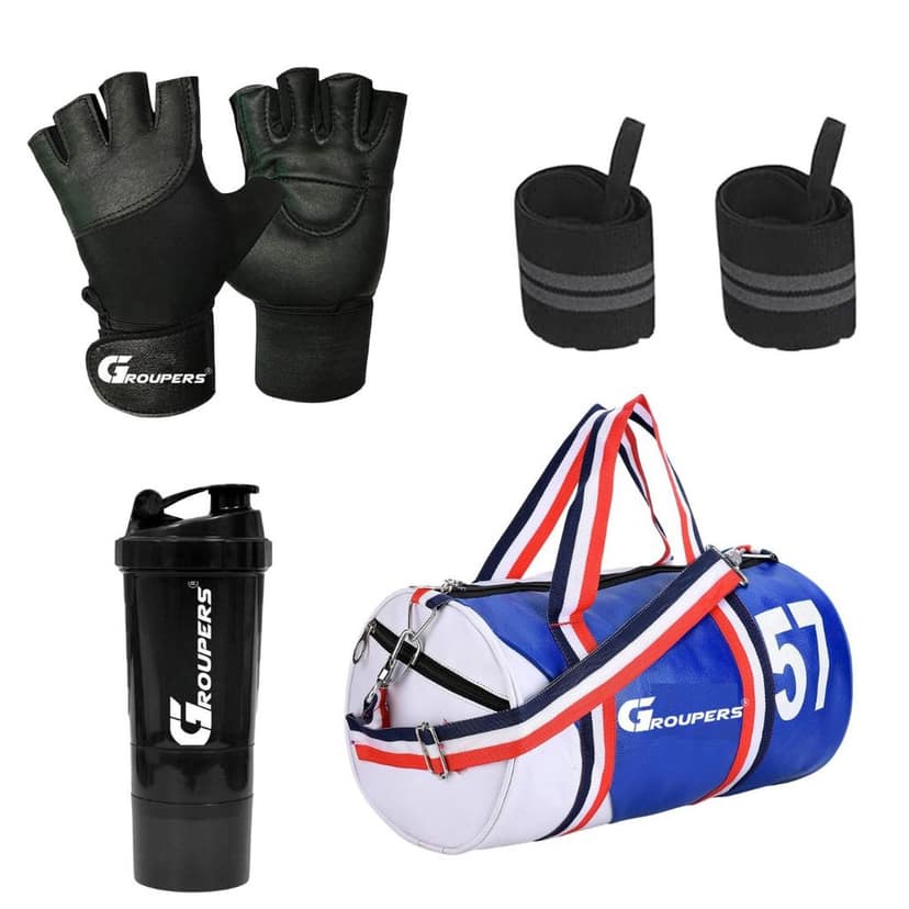 GROUPERS Duffle PU Leather Bag with Shaker Bottle-500ml, Gloves & Wrist Band (Blue White)