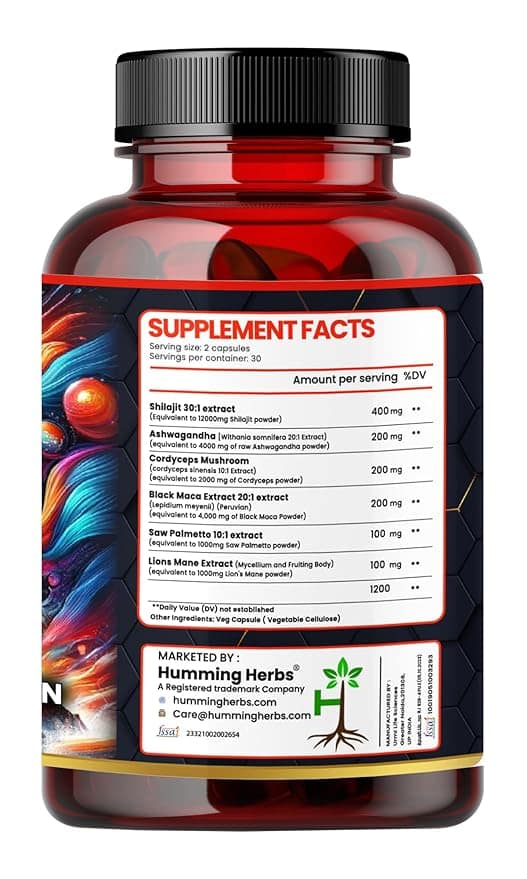 Humming Herbs Shilajit Elite Capsules - 1200mg Natural Energy & Vitality Boost with 6-in-1 Potent Herbal Formula - Pure Himalayan Extract, Ashwagandha, Cordyceps - Immune & Performance Support view 2