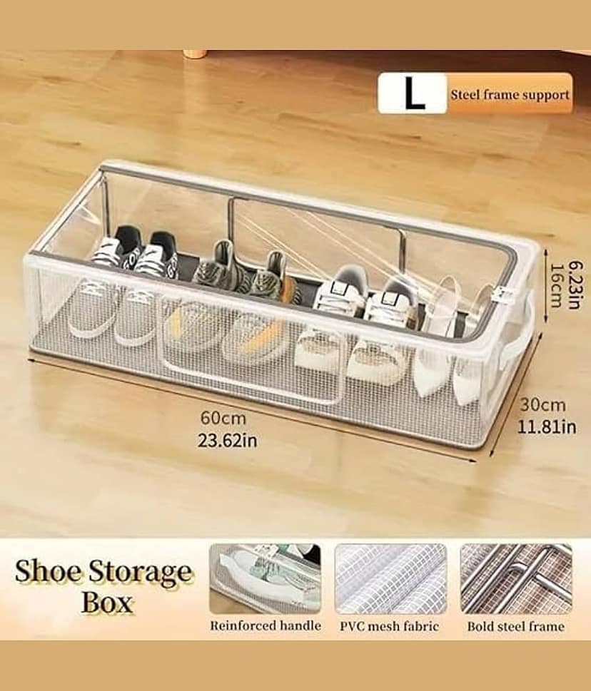 (Pack of 1) Shoe Storage Box, Shoe Organizer for Closet, Clear Plastic Stackable Shoe Boxes, Space Saving Foldable Sneaker Shoe Rack Containers Bin Holder view 2