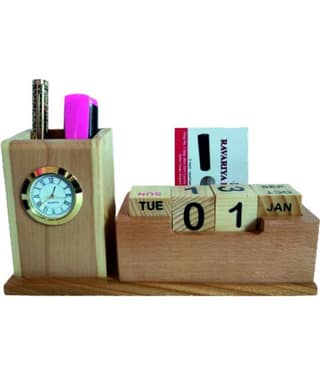 RAVARIYA GRAPHICS WOODEN PEN STAND WITH CLOCK AND CALENDER AND CARD HOLDER