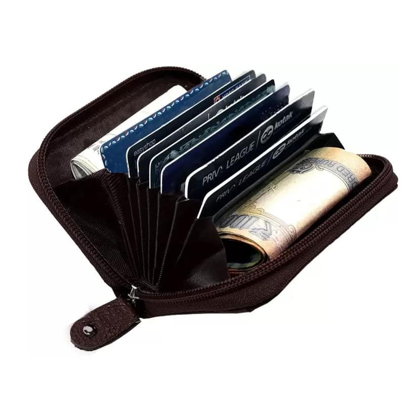Small Pocket-Sized 9 Slot ID, Credit-Debit Card Holder with Closing Zipper for Men & Women - Brown WL601-UF view 6