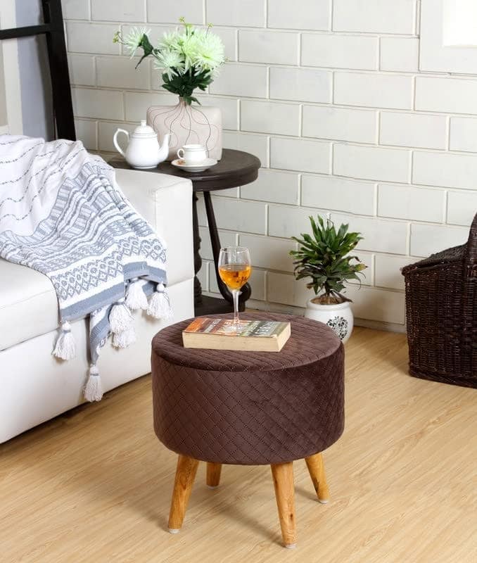 Shadowkart Ottoman Pouffes Sitting Mudda Puffy Stool for Living Room Dressing Table Pouf Round Footstool for Office Home Decor, Check Holland Velvet ,16x16x17 Inch