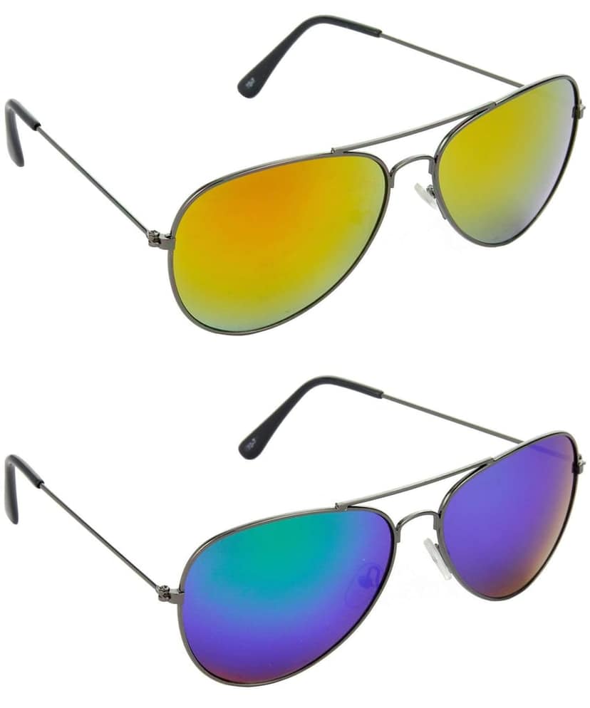 HRINKAR Men Pilot Sunglasses Grey Frame, Yellow & Blue Lens (Medium) - Pack of 2