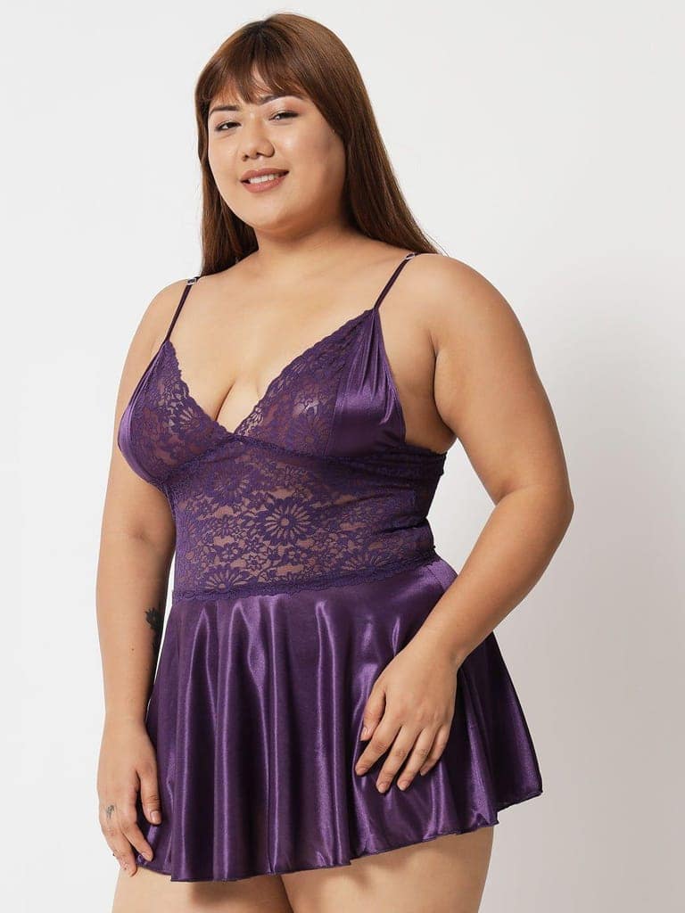 Plus Size Sexy Satin and Lace Honeymoon Babydoll Bikini Dress 07P S-10XL view 2