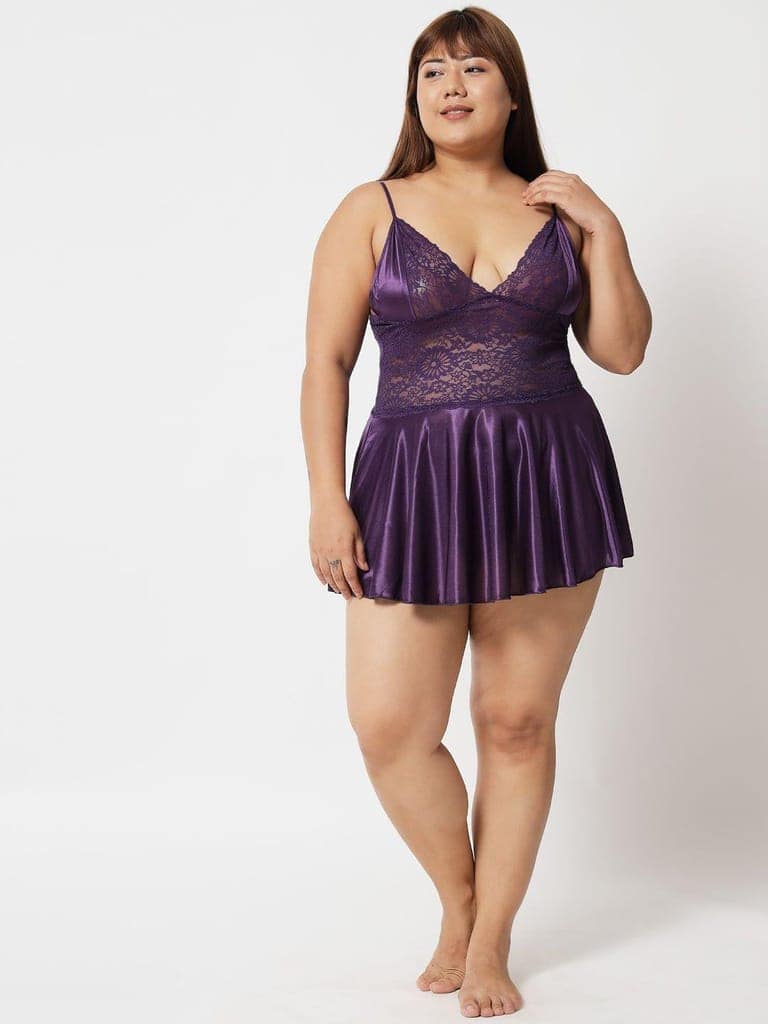 Plus Size Sexy Satin and Lace Honeymoon Babydoll Bikini Dress 07P S-10XL view 7