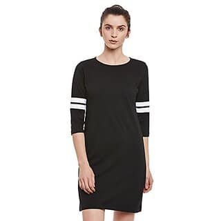 Miss Chase Womens Super Soft Solid Round Neck 3/4th Sleeves Paneled Color Block Mini Shift Dress