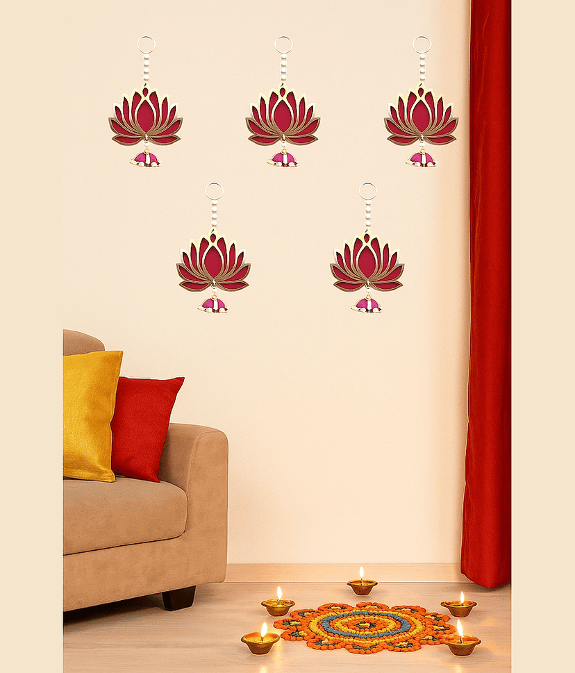THRIFTKART - Pack of 6 Lotus Latkan/Hanging Ornaments- Multicolor Hanging Decoration for Main Door, Pooja Room, Temple, Wedding & Festival Décor, Traditional Home Decoration for Living Room & Entrance view 2