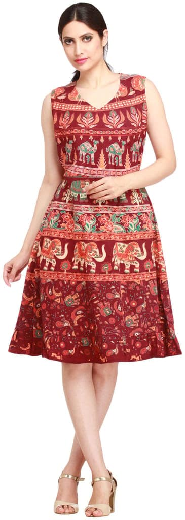 Tawny-Port Summer Dress from Pilkhuwa with Printed Elephants and Camels view 2