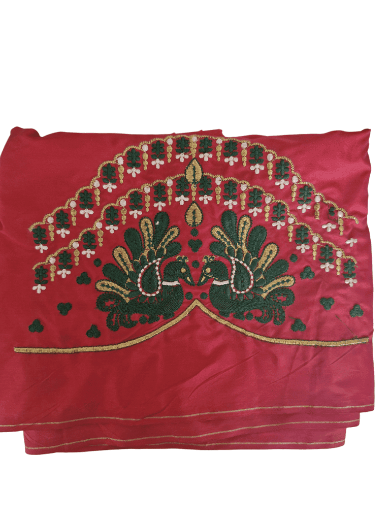 Red and green embroidered blouse piece with zari work view 2