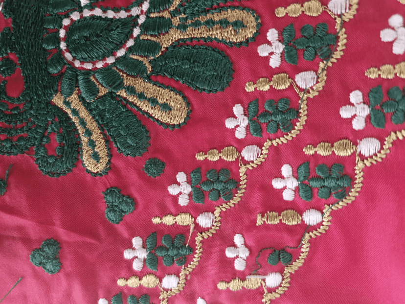 Red and green embroidered blouse piece with zari work view 3