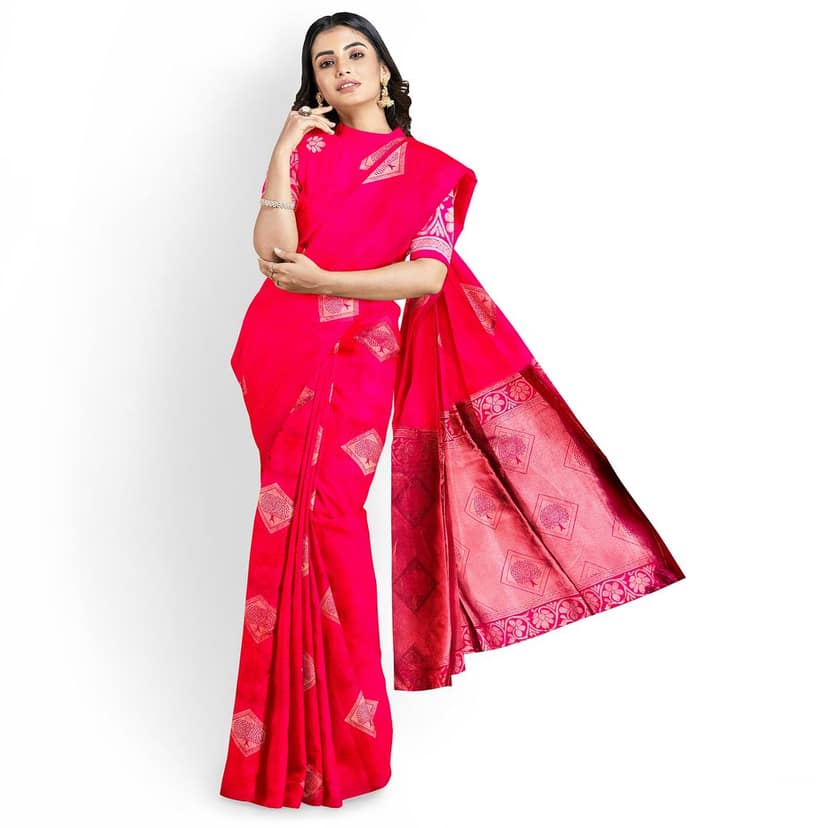 Ruby Red Color Big Diamond Butta Saree with Unstitched Blouse view 2