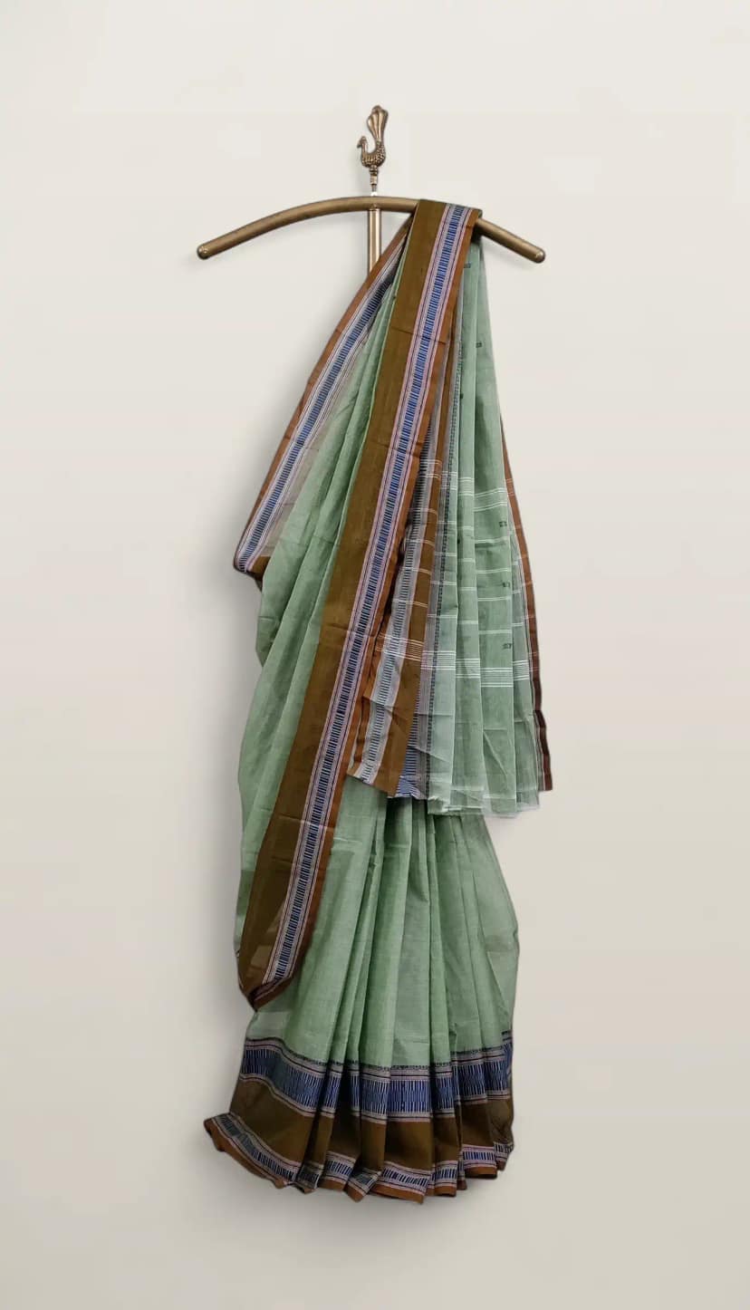 Handwoven Sage Green Kanchipuram Cotton-Silk Saree, Contrast Border view 3