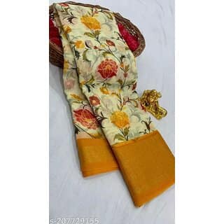 Yellow Colour Flower Printed Cotton Saree With Blouse Piece