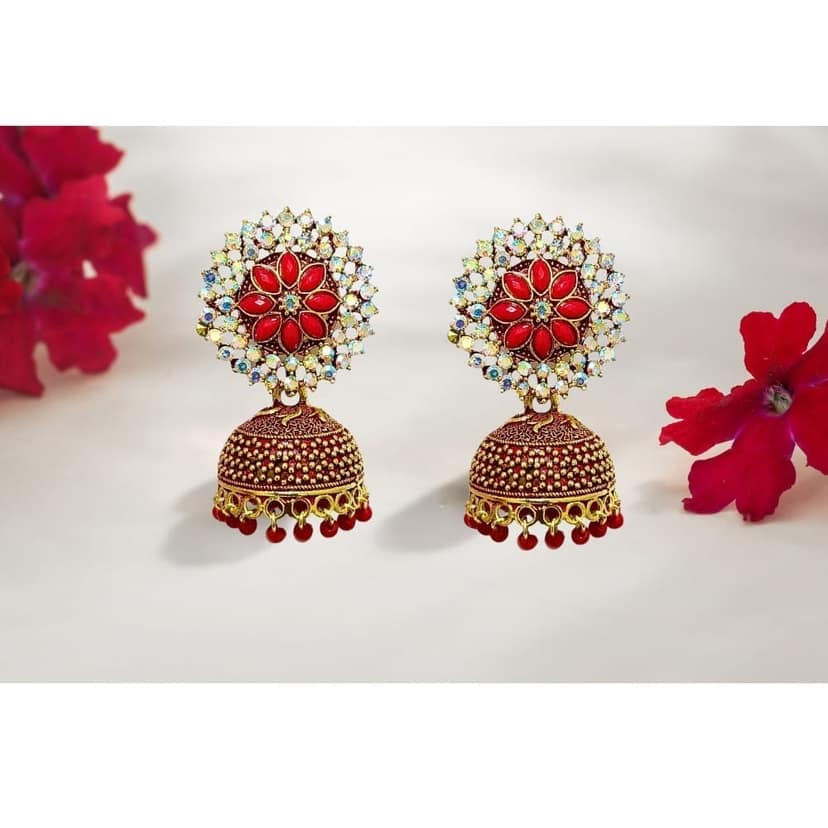 Jewelryklub Gold Plated Floral Zircon Stones Beads Traditional Jhumki Earrings For Girls And Women - Pink view 4