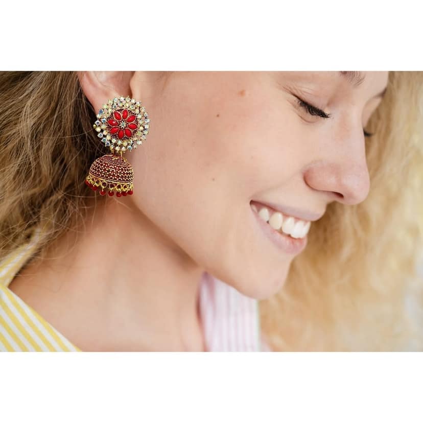 Jewelryklub Gold Plated Floral Zircon Stones Beads Traditional Jhumki Earrings For Girls And Women - Pink view 5