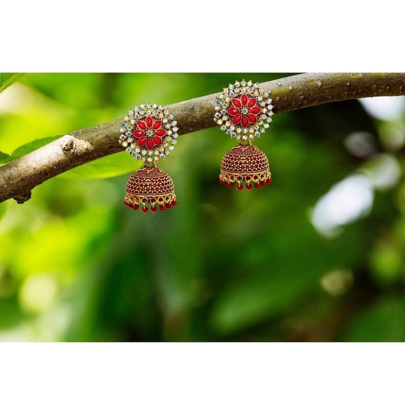 Jewelryklub Gold Plated Floral Zircon Stones Beads Traditional Jhumki Earrings For Girls And Women - Pink view 6