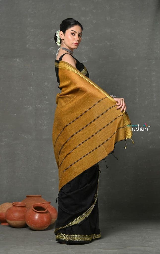 Tyohaar ~ Pure Mul Cotton Handloom Saree - Black view 3