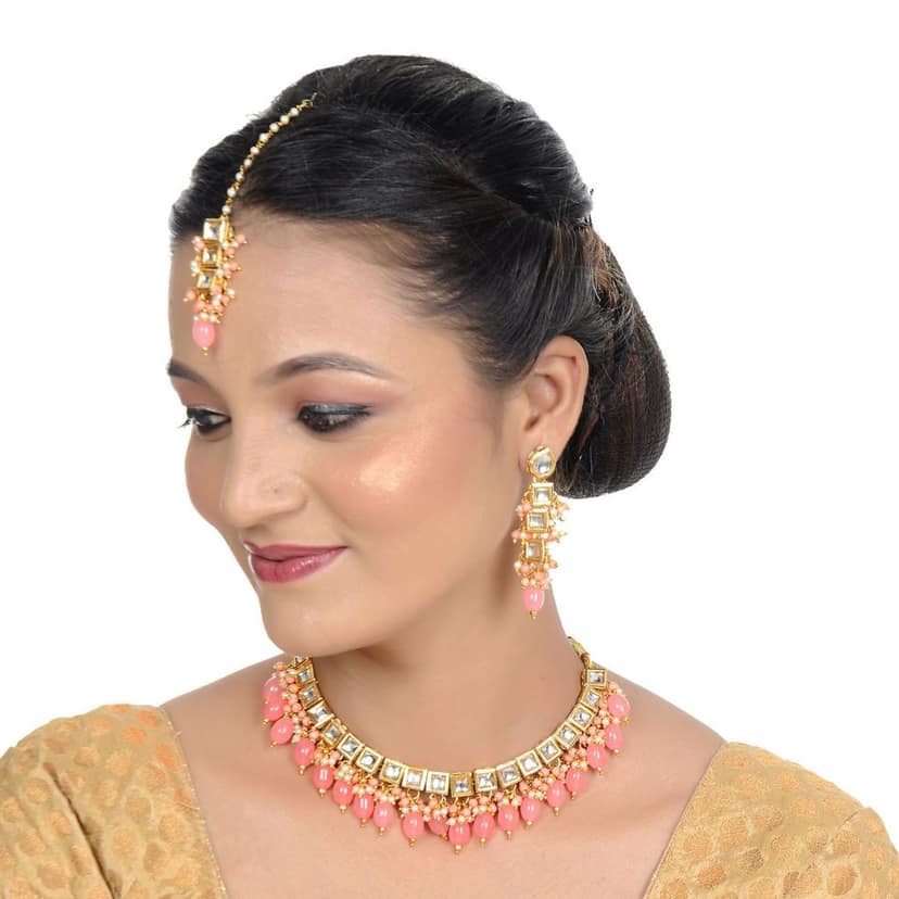 LUCKY JEWELLERY Back Meenakari 18k Gold Plated Peach Color Tika Earring Combo Uncut Big Faux Kundan Choker Necklace set view 2